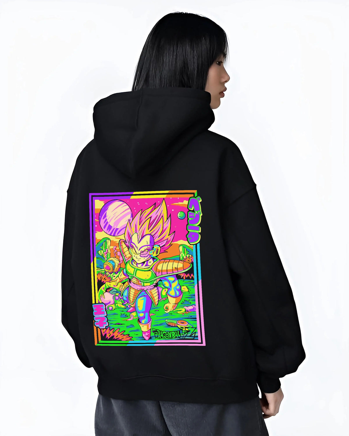 Black hoodie worn by female model from the back featuring Vegeta vaporwave Saiyan power Dragon Ball artwork.