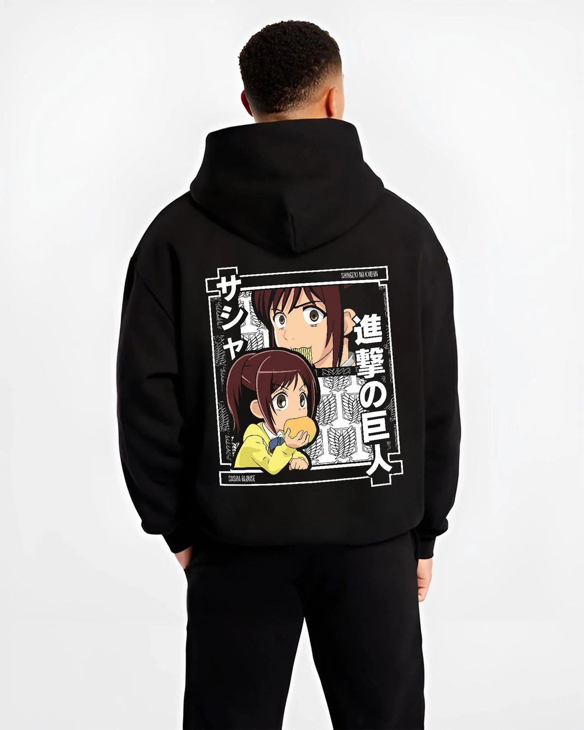Black hoodie worn by male model from the back featuring Sasha Braus Potato Girl Attack on Titan artwork.
