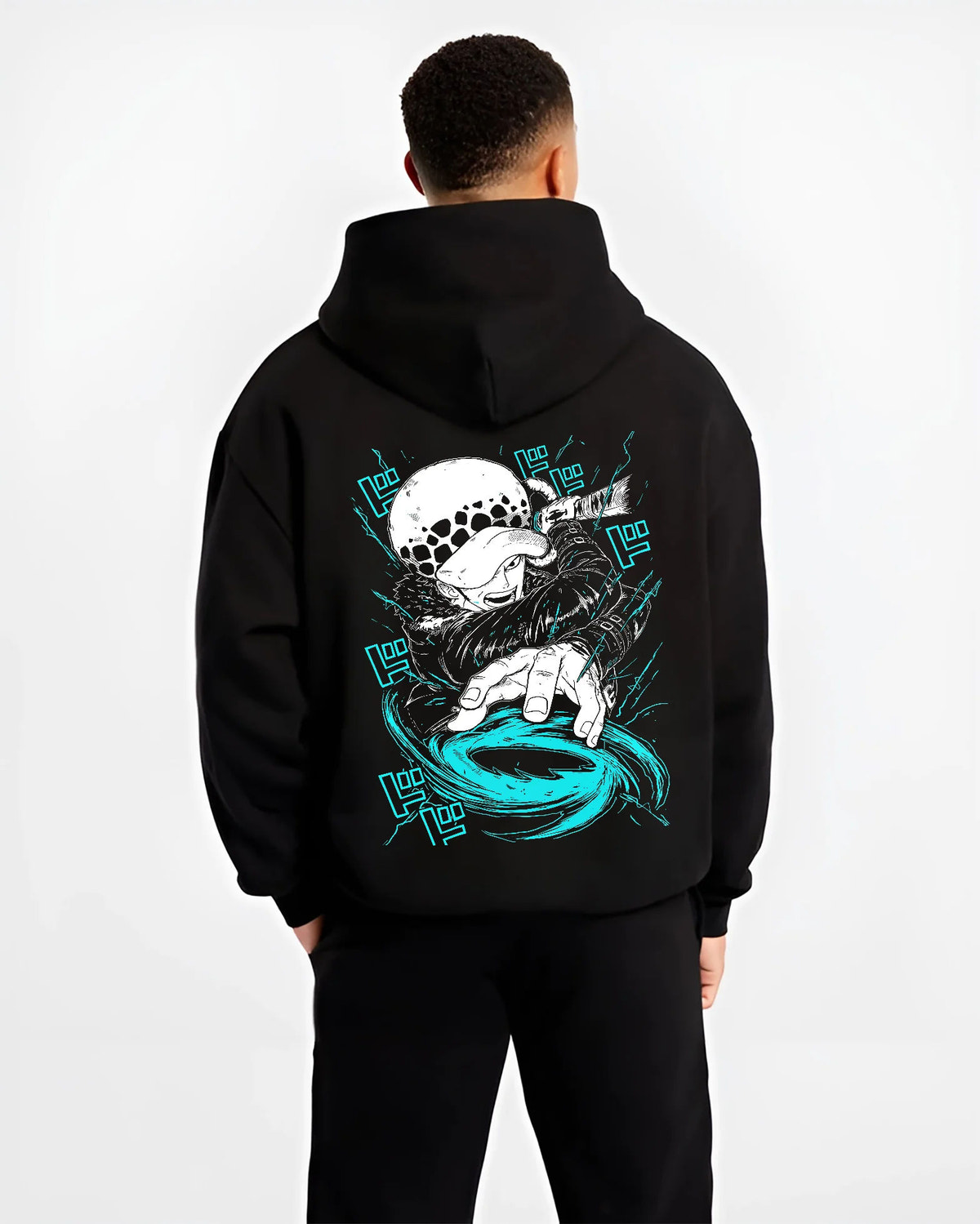 Black hoodie model back view showing Trafalgar D. Water Law from One Piece: Room power