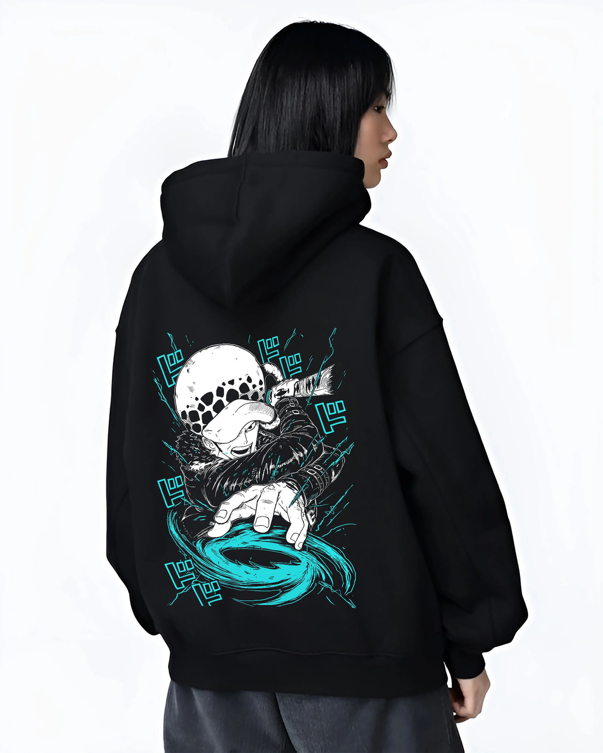 Black hoodie female model back view showing Trafalgar D. Water Law from One Piece: Room power
