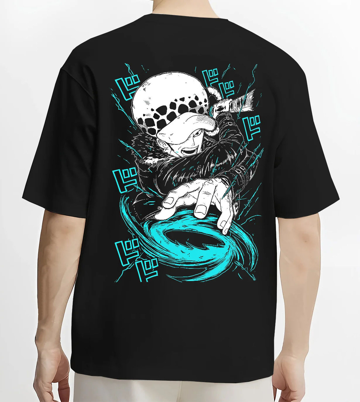 Black T-shirt model back view showing Trafalgar D. Water Law from One Piece: Room power