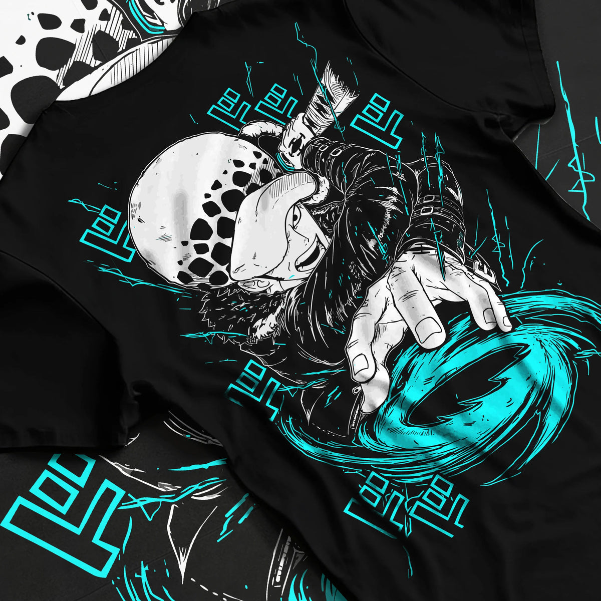 Black T-shirt flat back view showing Trafalgar D. Water Law from One Piece: Room power