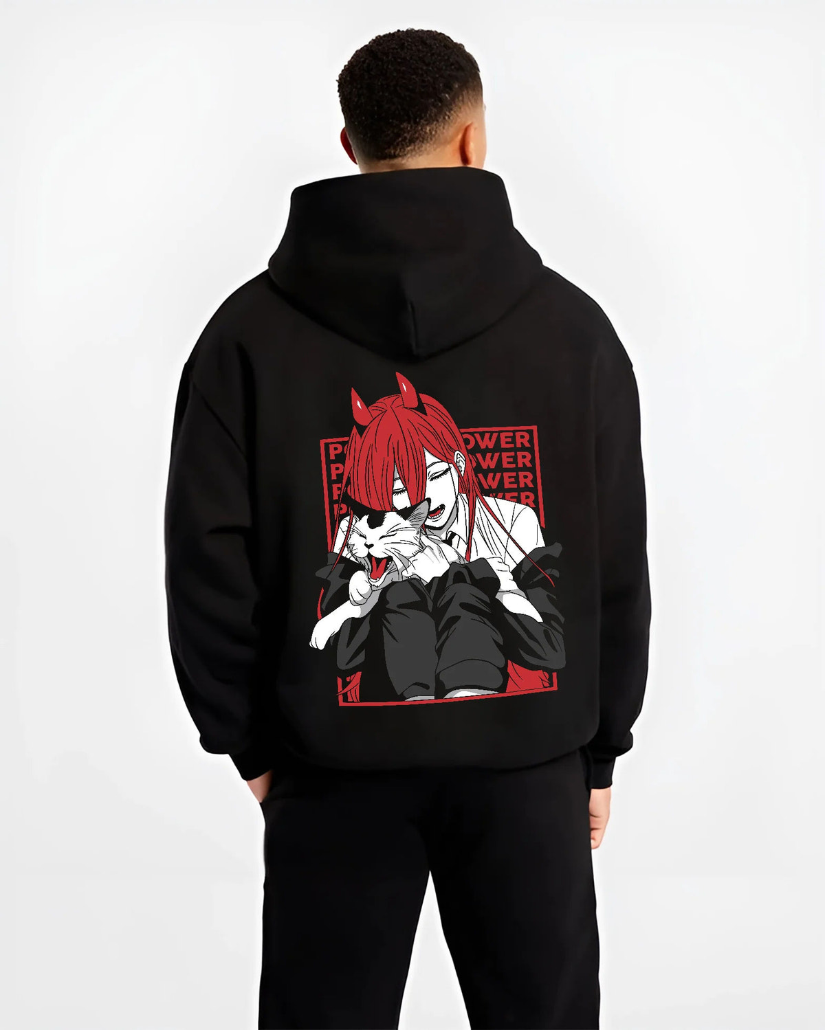 Black hoodie model back view showing Power from Chainsaw Man: red-haired fiend with horns