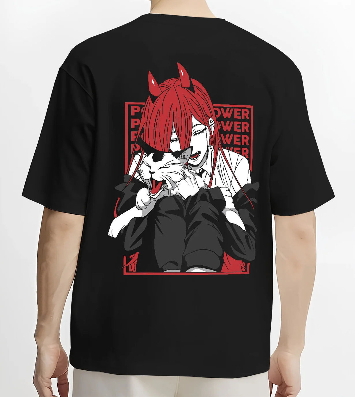 Black T-shirt model back view showing Power from Chainsaw Man: red-haired fiend with horns