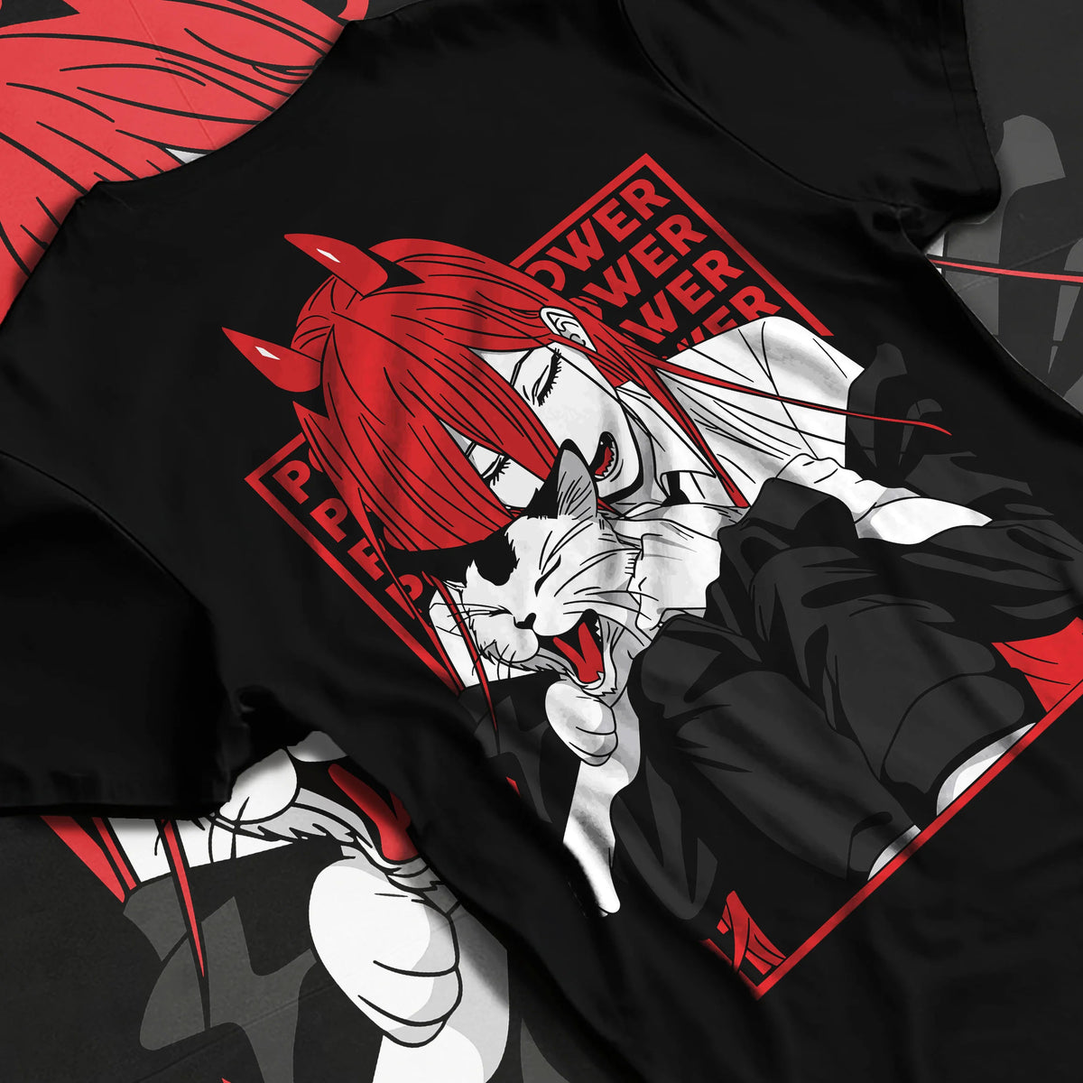 Black T-shirt flat back view showing Power from Chainsaw Man: red-haired fiend with horns
