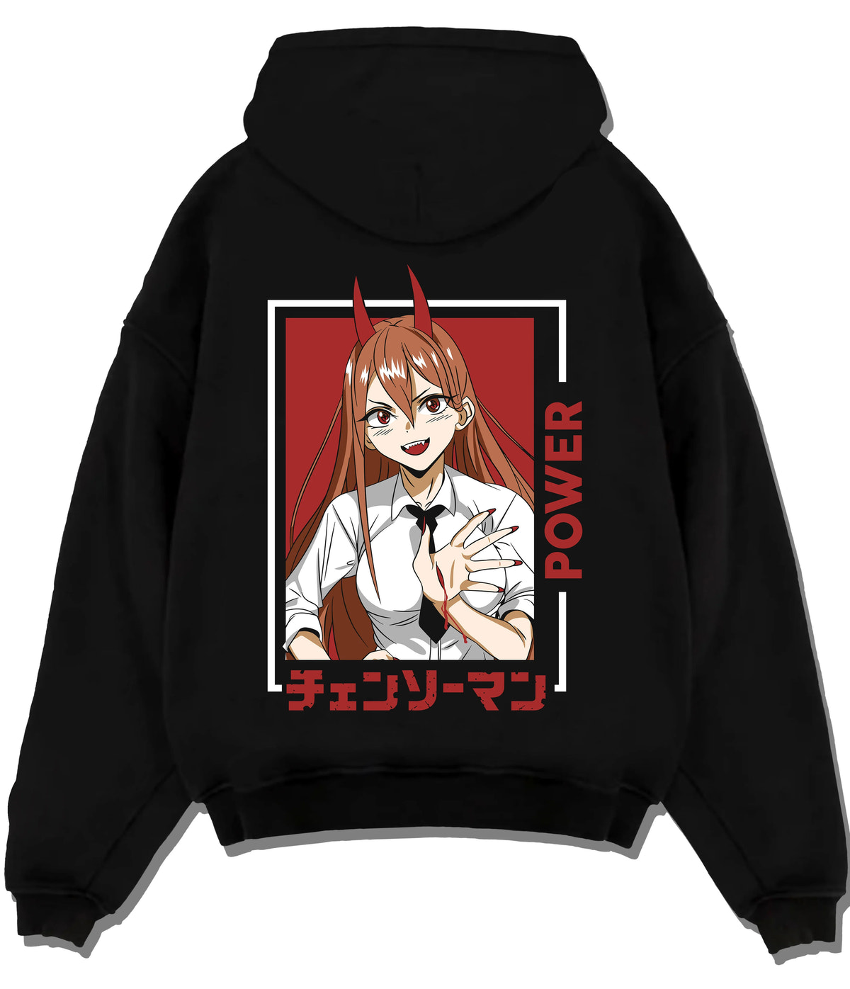 Black hoodie flat back view showing Power from Chainsaw Man: portrait with horns
