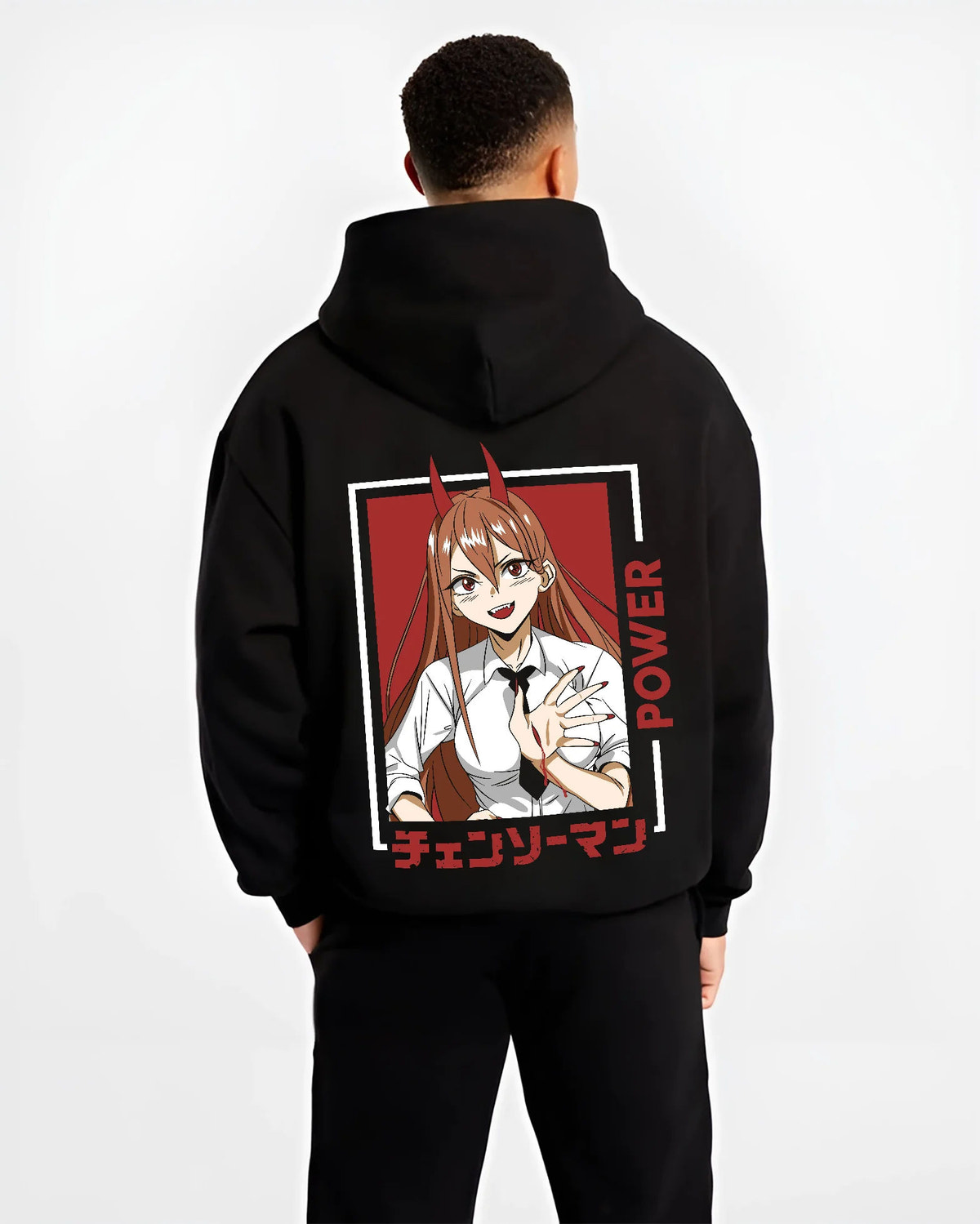 Black hoodie model back view showing Power from Chainsaw Man: portrait with horns