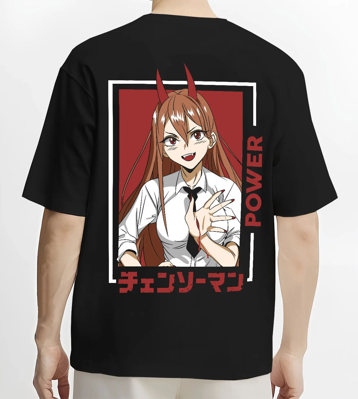 Black T-shirt model back view showing Power from Chainsaw Man: portrait with horns