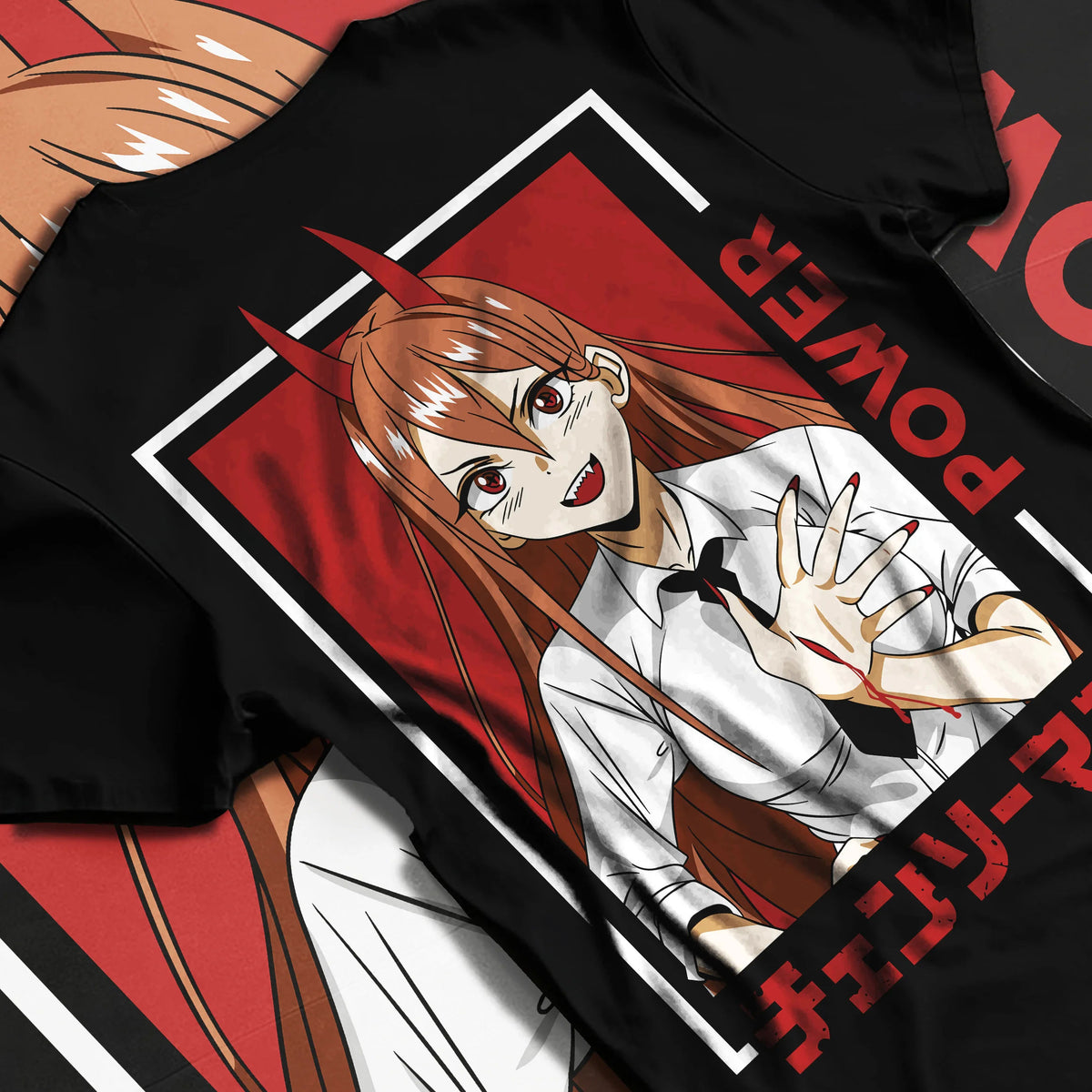 Black T-shirt flat back view showing Power from Chainsaw Man: portrait with horns