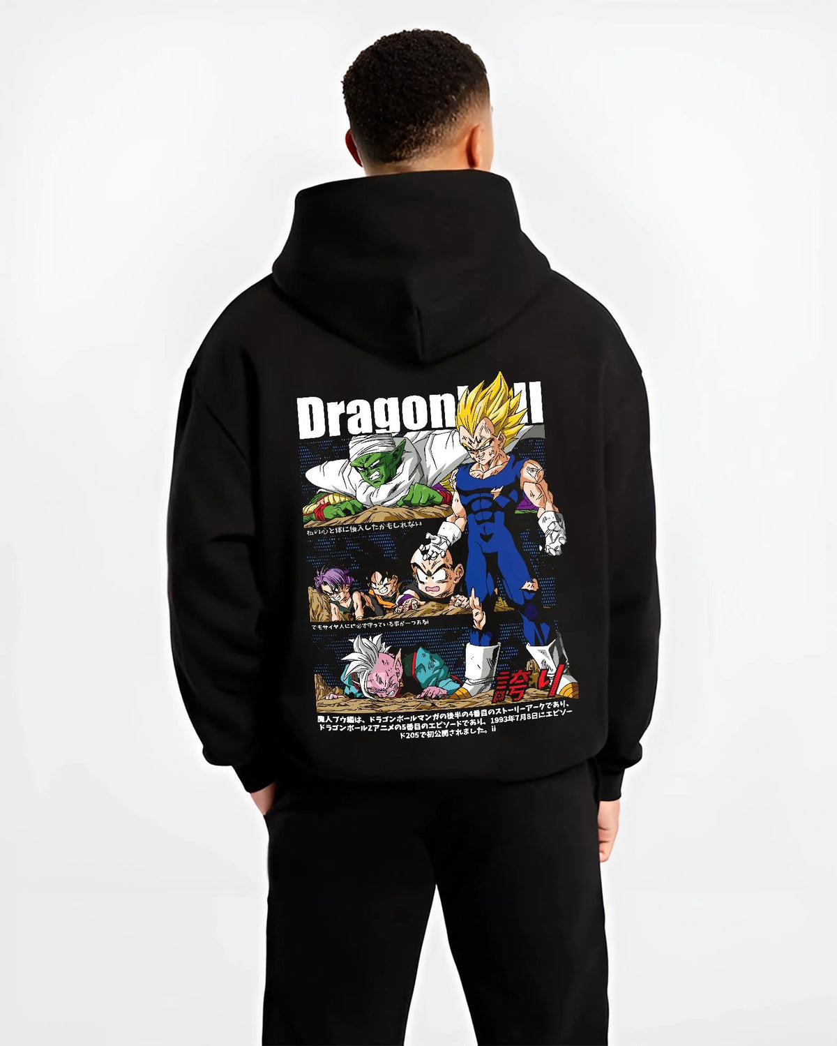 Black hoodie worn by male model from the back featuring Vegeta Prince of Saiyans Dragon Ball artwork.