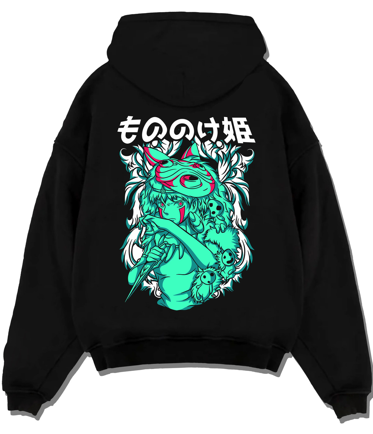 Black hoodie flat back view showing San and forest spirits from Studio Ghibli / Princess Mononoke: Princess Mononoke