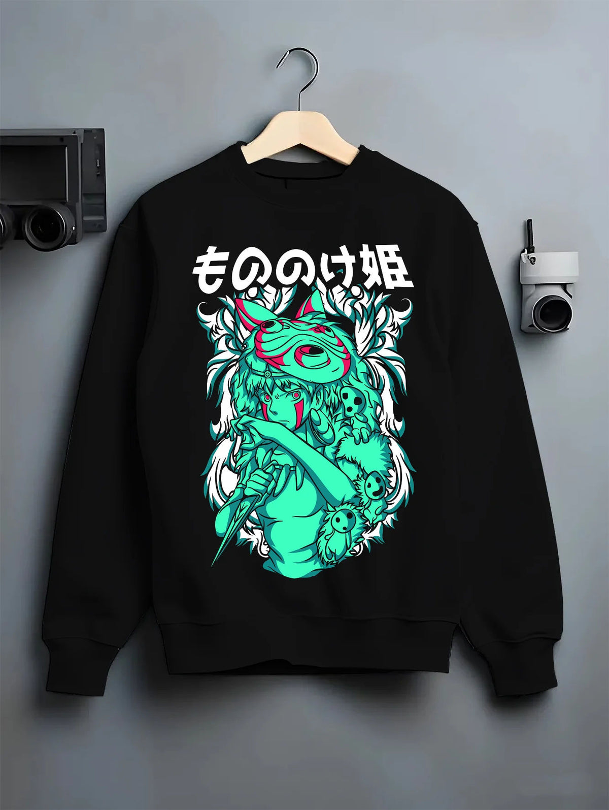 Black crewneck sweatshirt on hanger showing San and forest spirits from Studio Ghibli / Princess Mononoke: Princess Mononoke