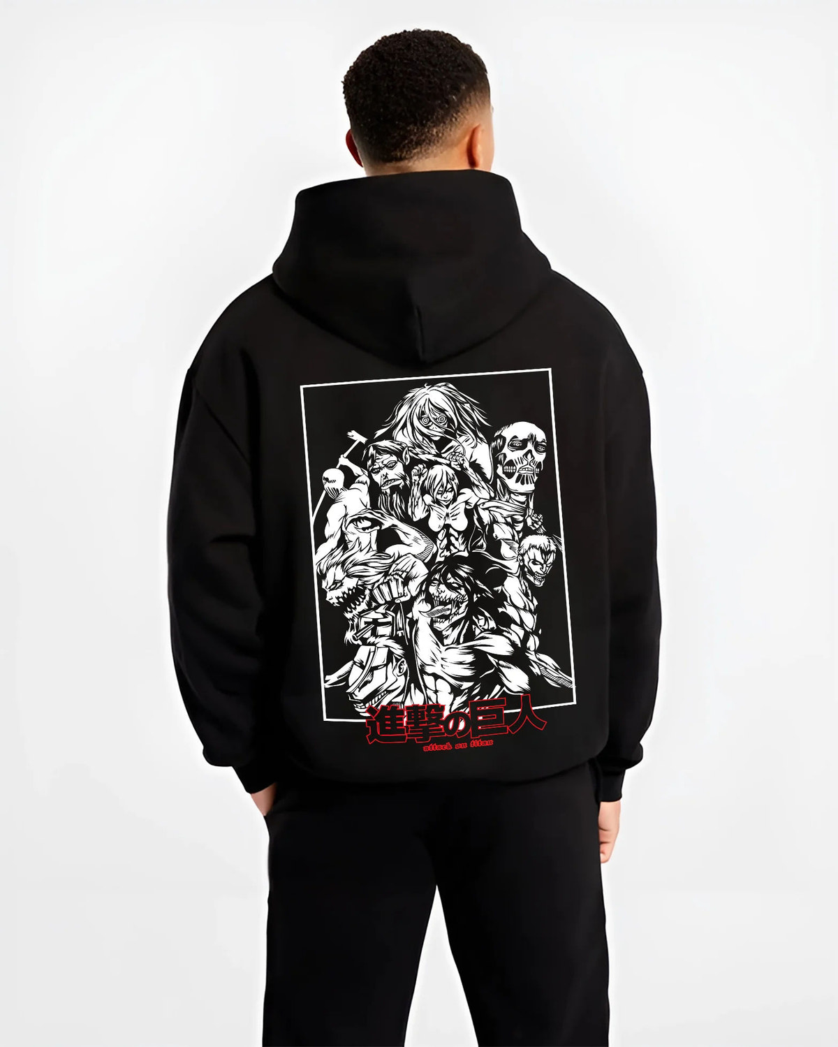 Black hoodie model back view showing Attack on Titan: Eren and titans montage