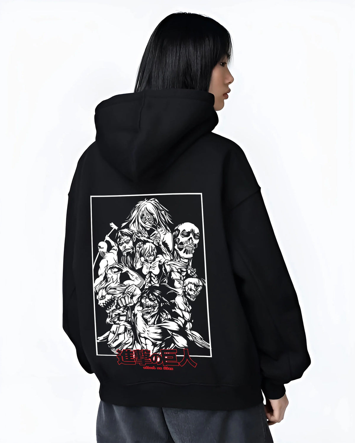 Black hoodie female model back view showing Attack on Titan: Eren and titans montage
