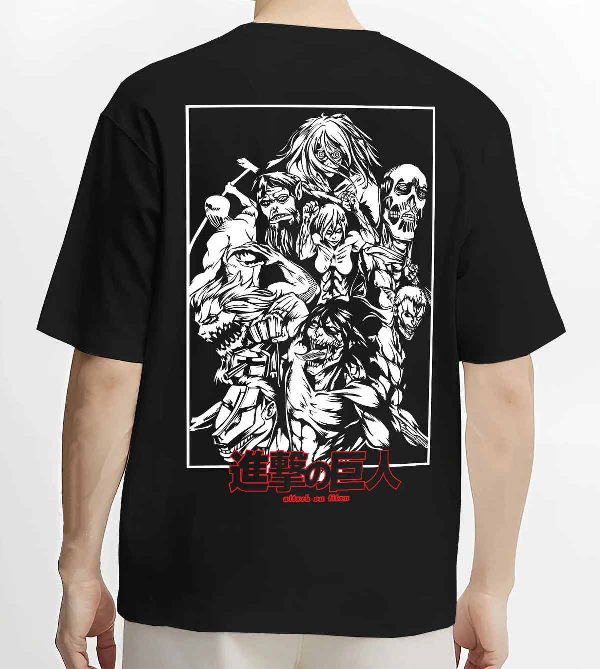 Black T-shirt model back view showing Attack on Titan: Eren and titans montage