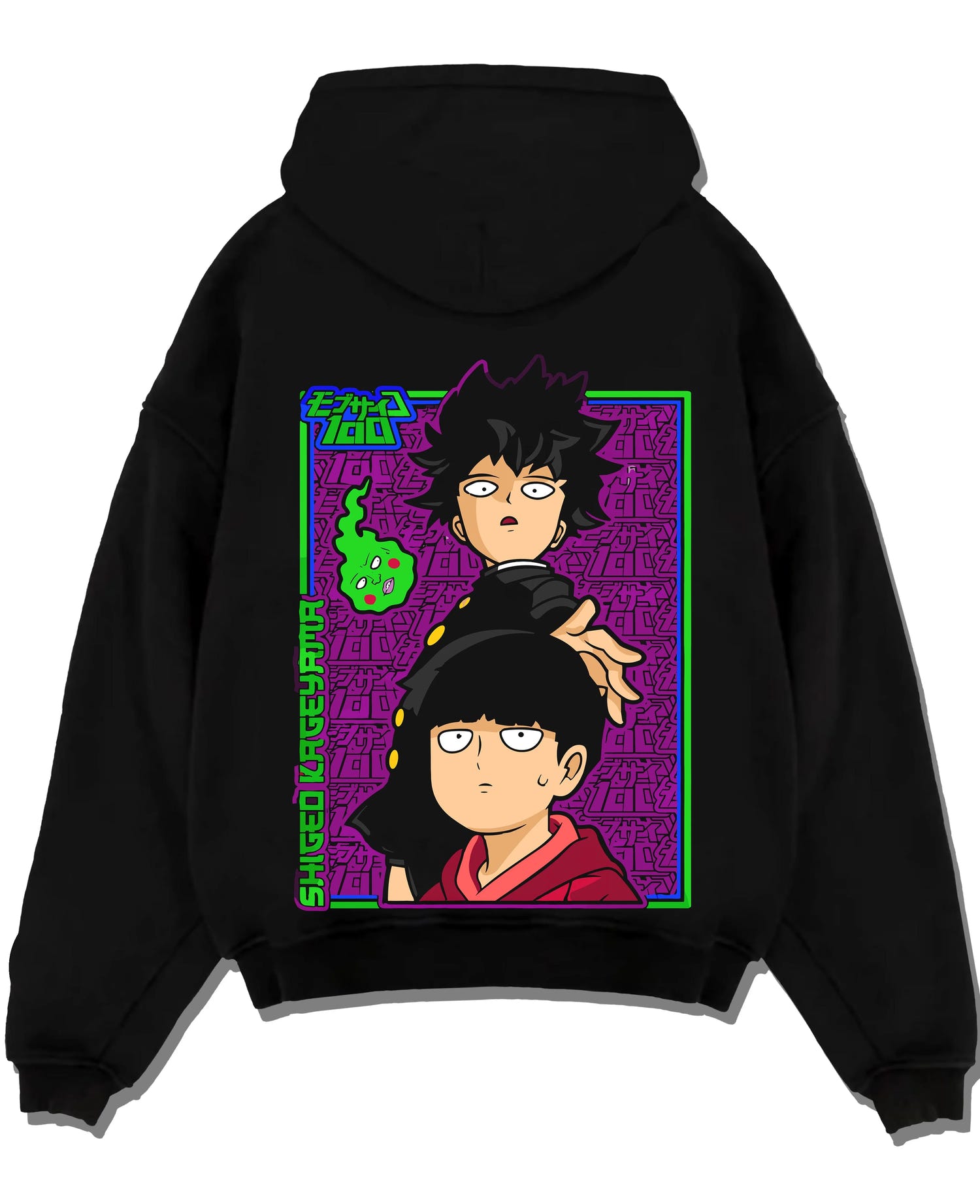 Black pullover hoodie laid flat with Mob Psycho Hoodie Mob Psycho 100 Psychic Duo graphic premium wear.