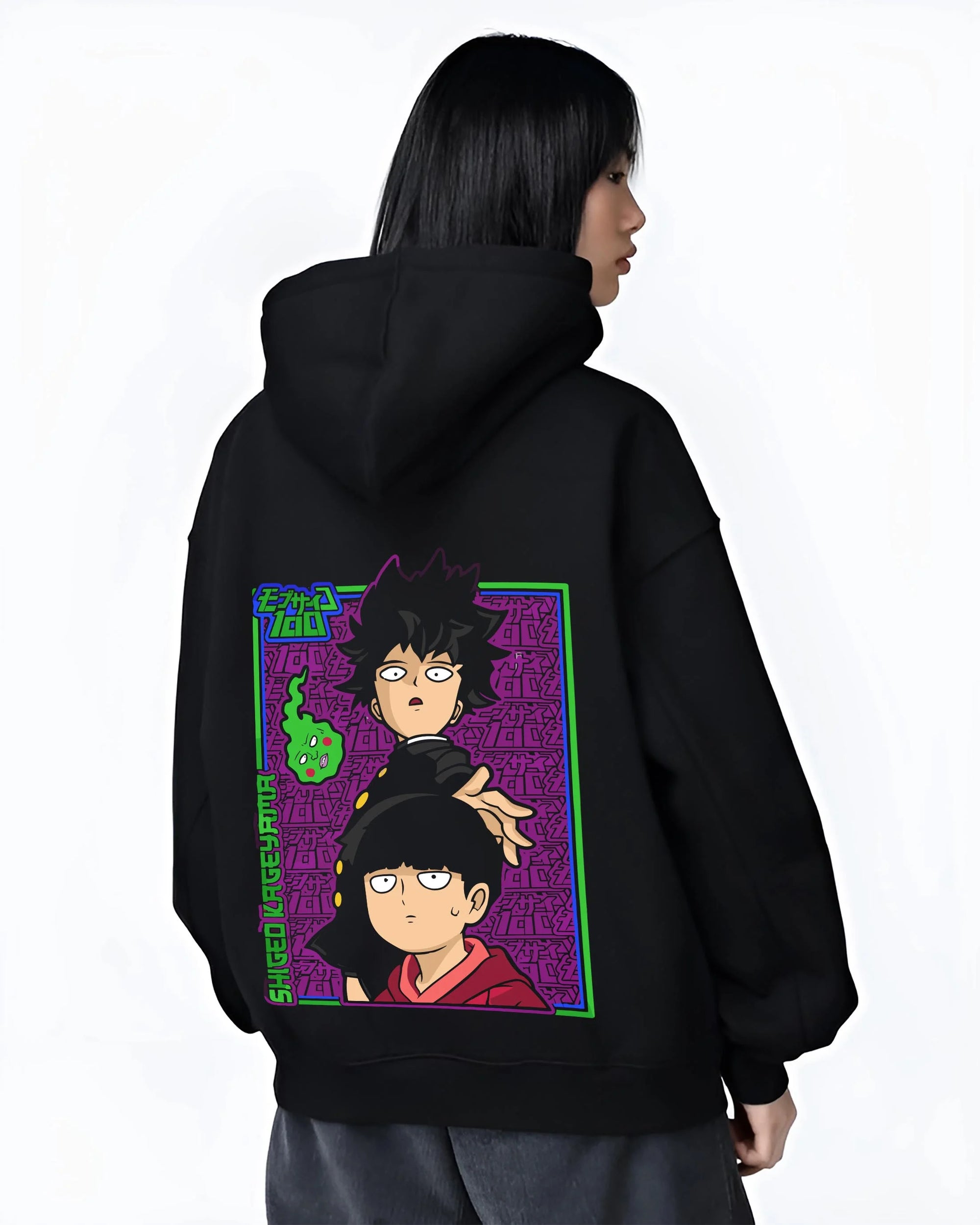 Black hoodie worn by female model, back view with Mob Psycho Hoodie Mob Psycho 100 Psychic Duo graphic premium wear.