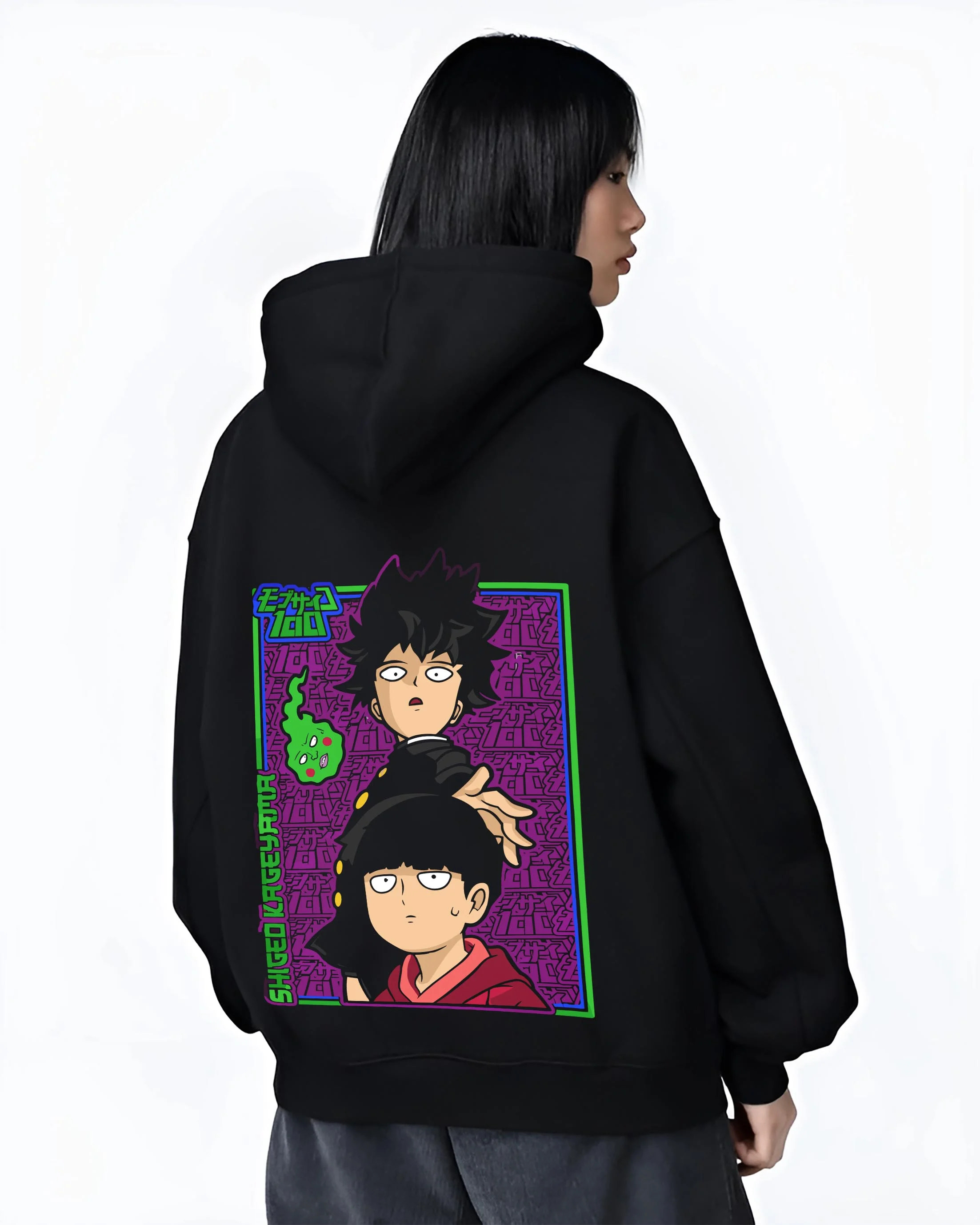 Black hoodie worn by female model, back view with Mob Psycho Hoodie Mob Psycho 100 Psychic Duo graphic premium wear.