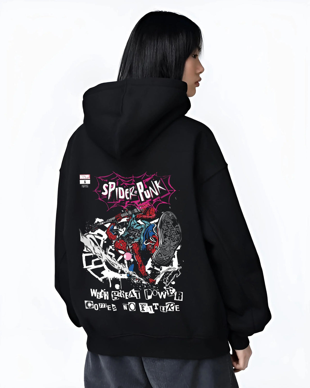 Black hoodie worn by female model from the back featuring Spider-Punk punk web hero Spider-Verse artwork.
