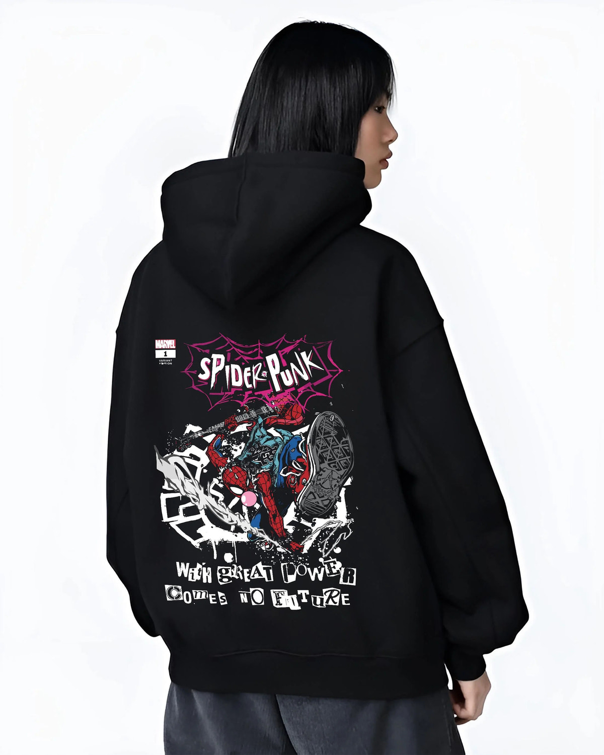Black hoodie worn by female model from the back featuring Spider-Punk punk web hero Spider-Verse artwork.