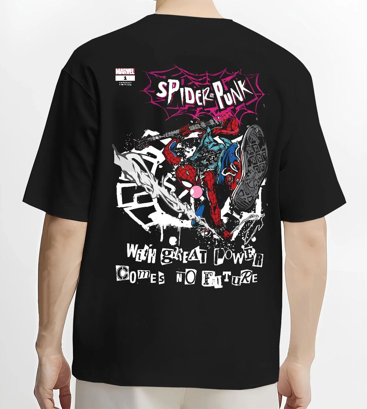 Black T-shirt worn by male model from the back featuring Spider-Punk punk web hero Spider-Verse artwork.