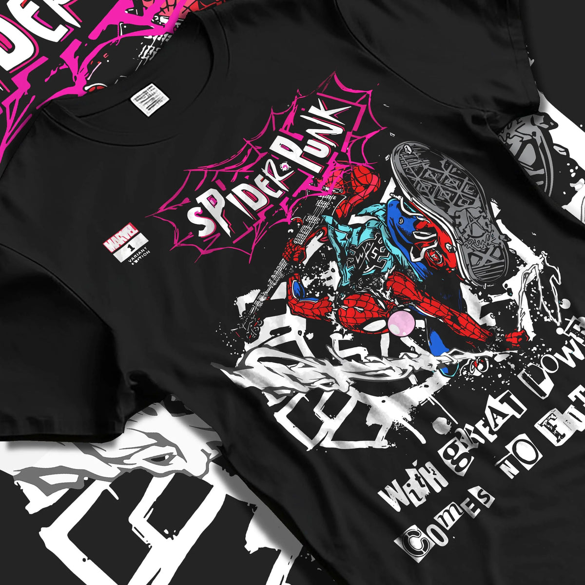 Black T-shirt laid flat with natural folds featuring Spider-Punk punk web hero Spider-Verse artwork.