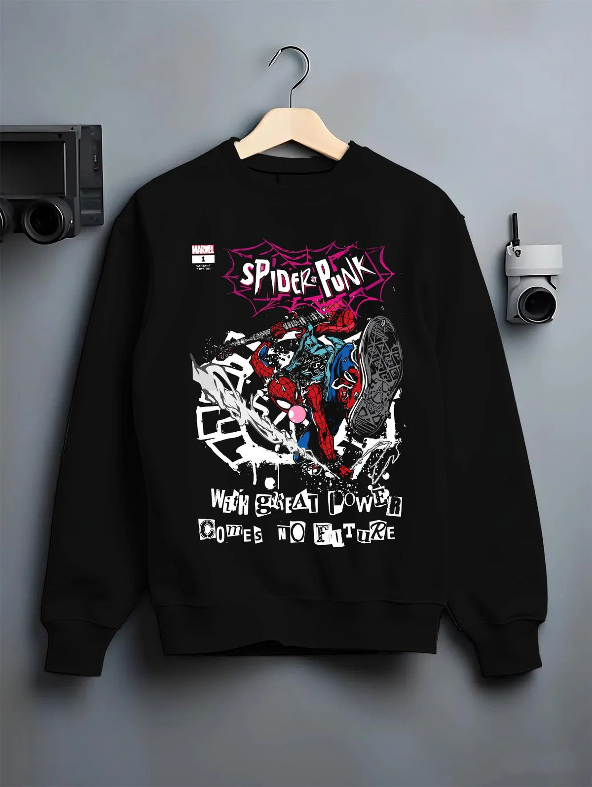 Black crewneck sweatshirt on hanger featuring Spider-Punk punk web hero Spider-Verse artwork.