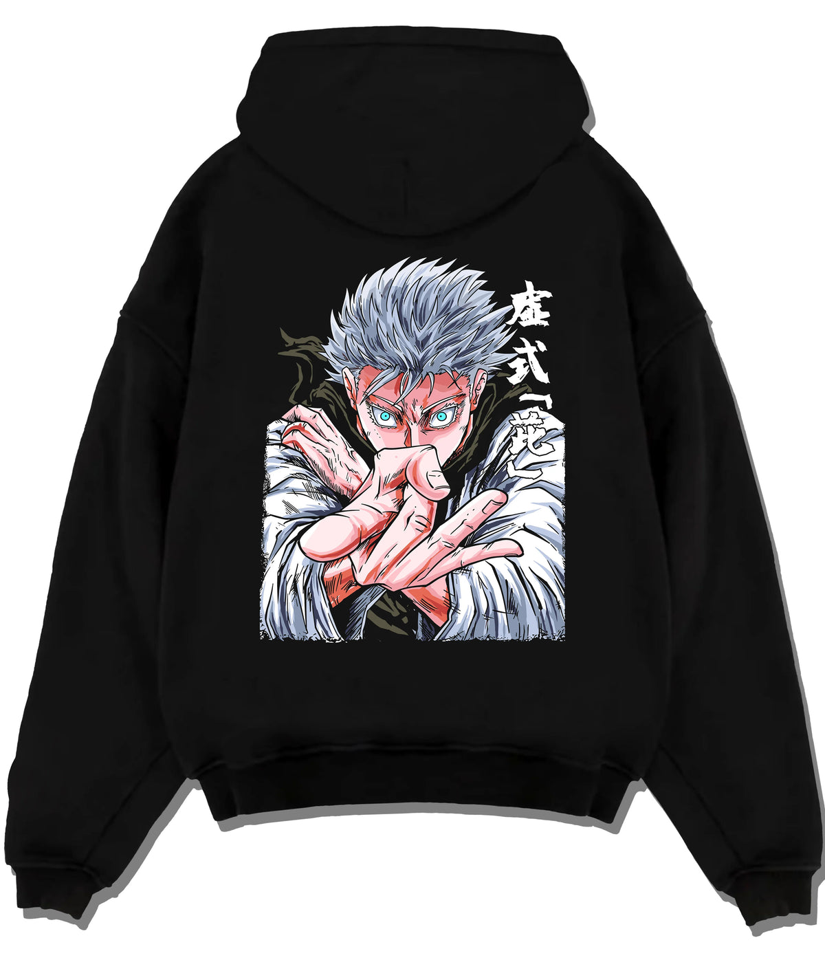 Black hoodie flat back view with Satoru Gojo in fighting pose from Jujutsu Kaisen illustrated back graphic