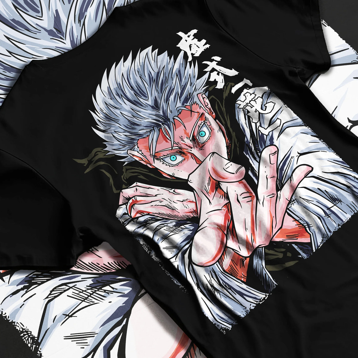 Black T-shirt flat back view with Satoru Gojo in fighting pose from Jujutsu Kaisen illustrated back graphic