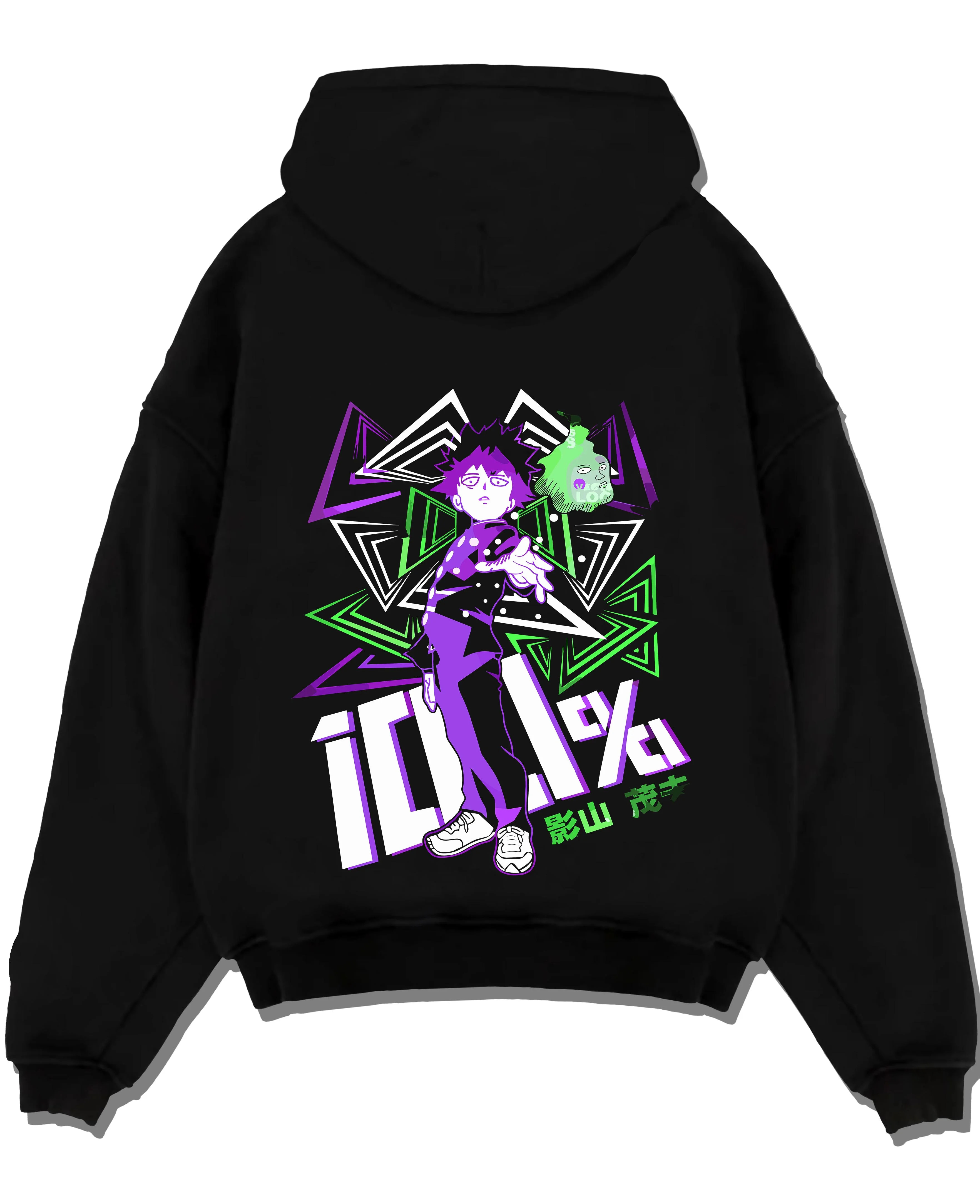 Black pullover hoodie laid flat with Shigeo Kageyama Hoodie Mob Psycho 100 Aura graphic premium wear.