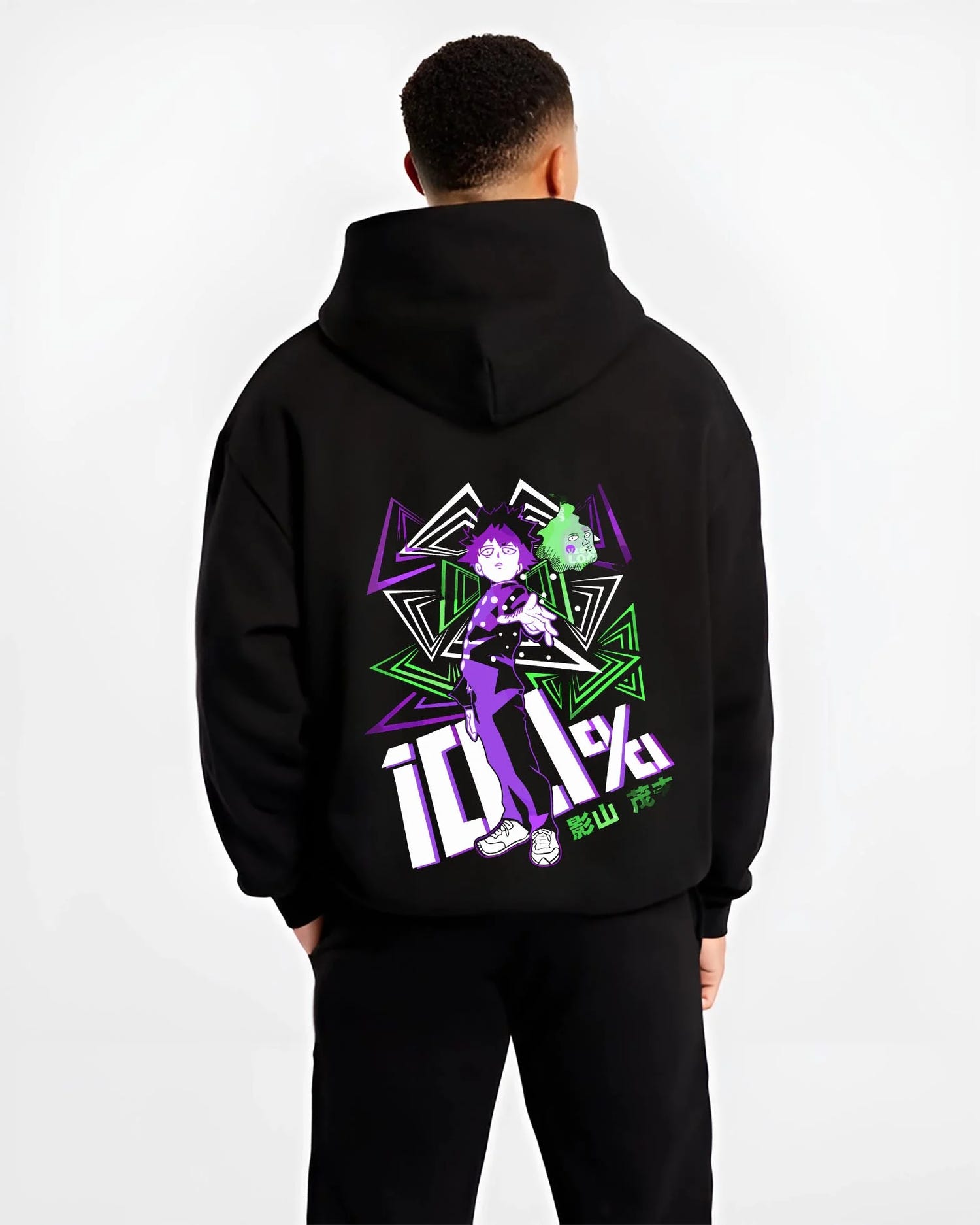 Black hoodie worn by male model, back view with Shigeo Kageyama Hoodie Mob Psycho 100 Aura graphic premium wear.