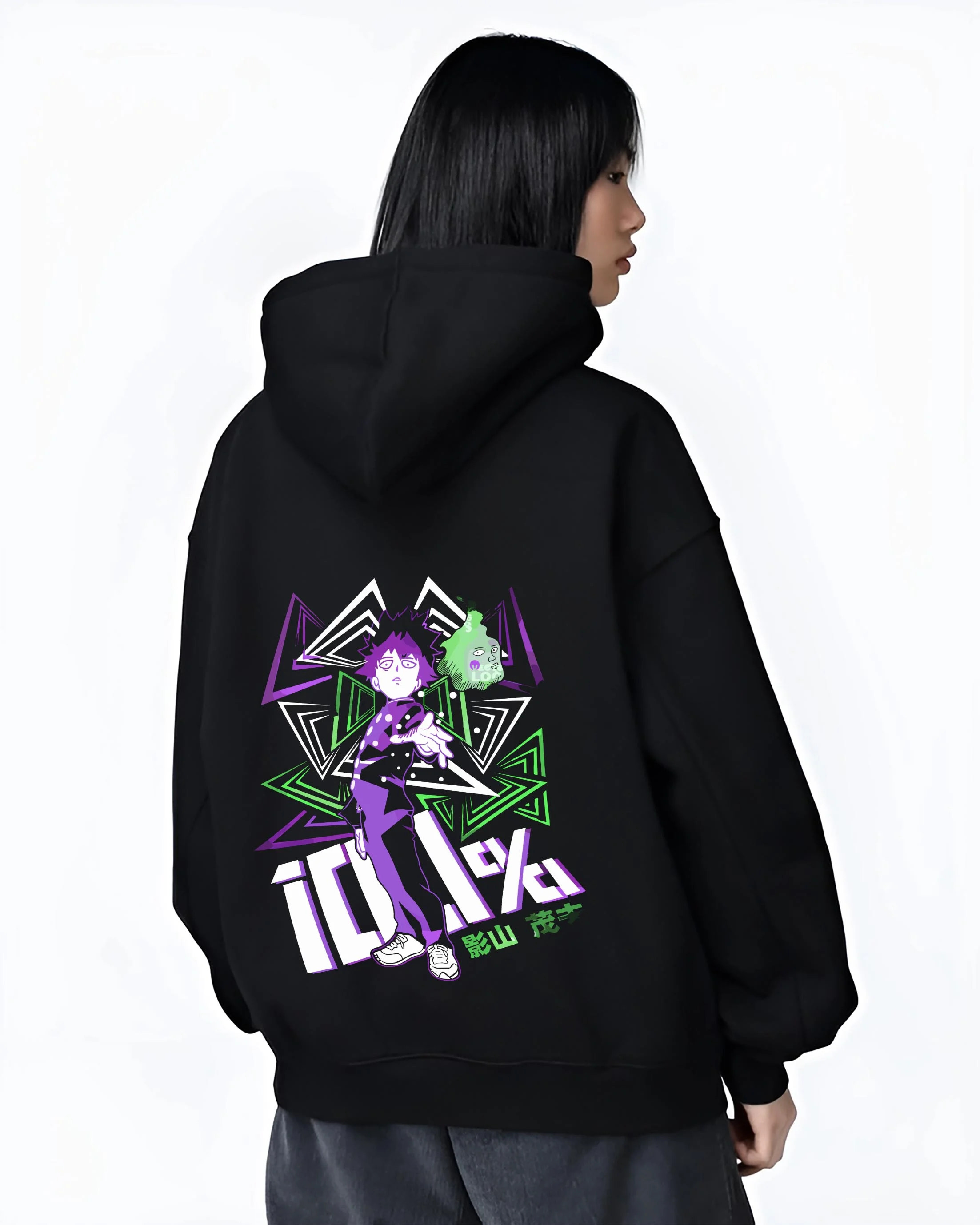 Black hoodie worn by female model, back view with Shigeo Kageyama Hoodie Mob Psycho 100 Aura graphic bold anime graphic.