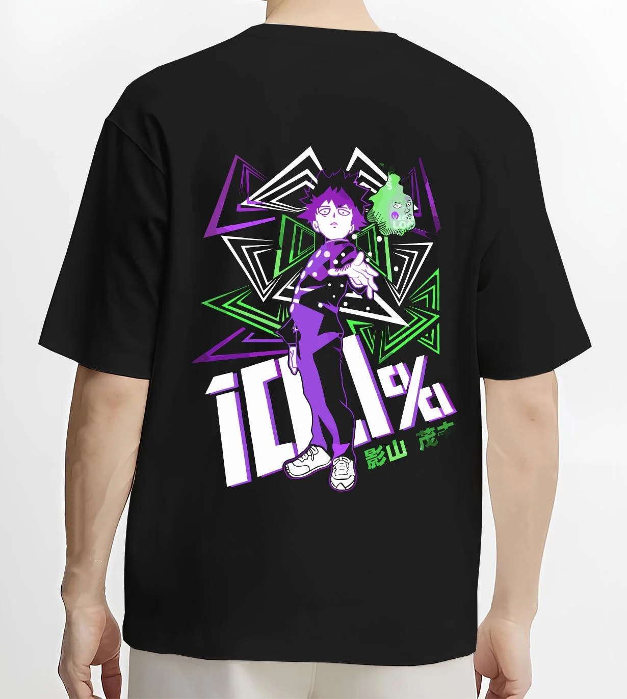 Black T-shirt worn by male model, back view with Shigeo Kageyama Hoodie Mob Psycho 100 Aura graphic bold anime graphic.