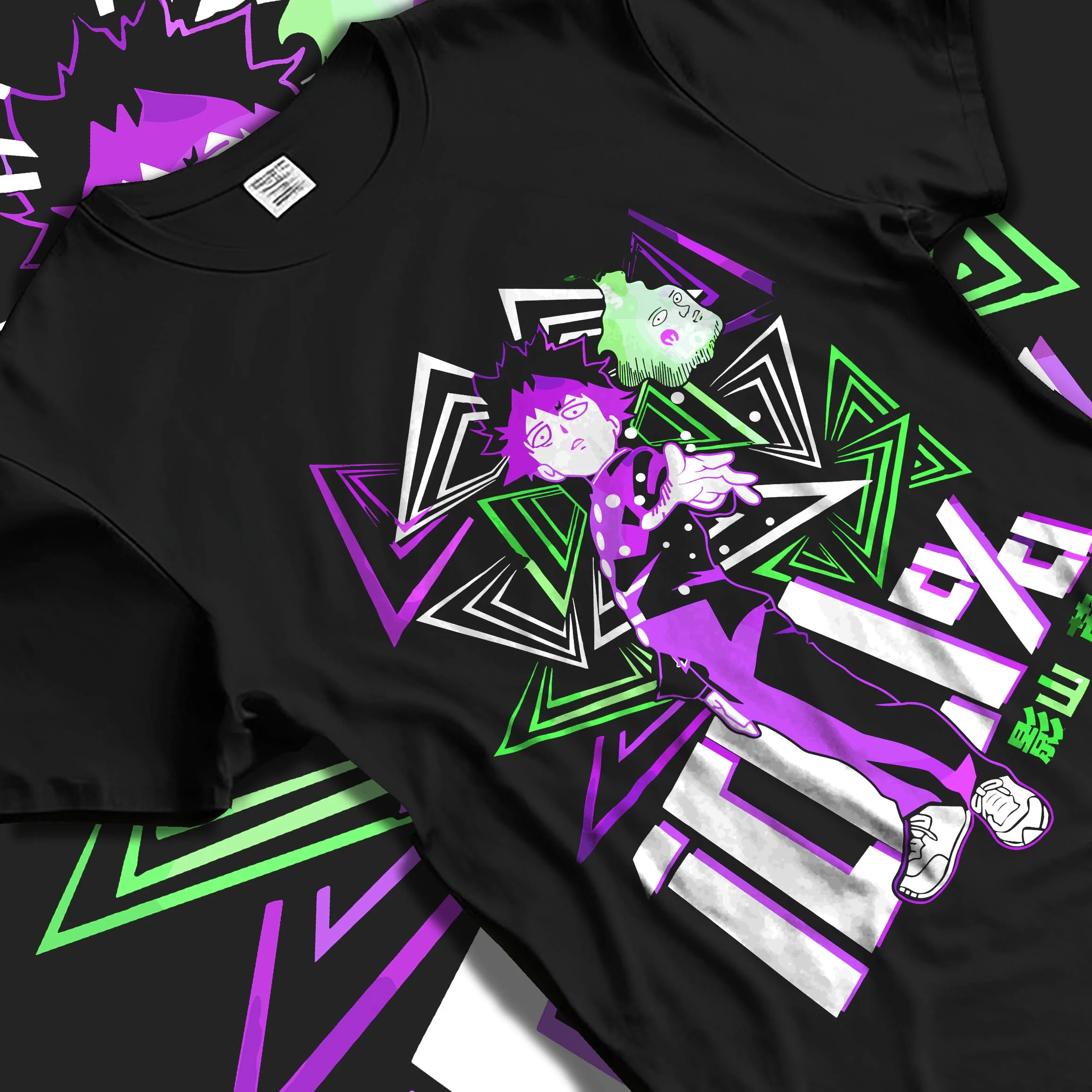 Black T-shirt laid flat with natural folds with Shigeo Kageyama Hoodie Mob Psycho 100 Aura graphic streetwear graphic.