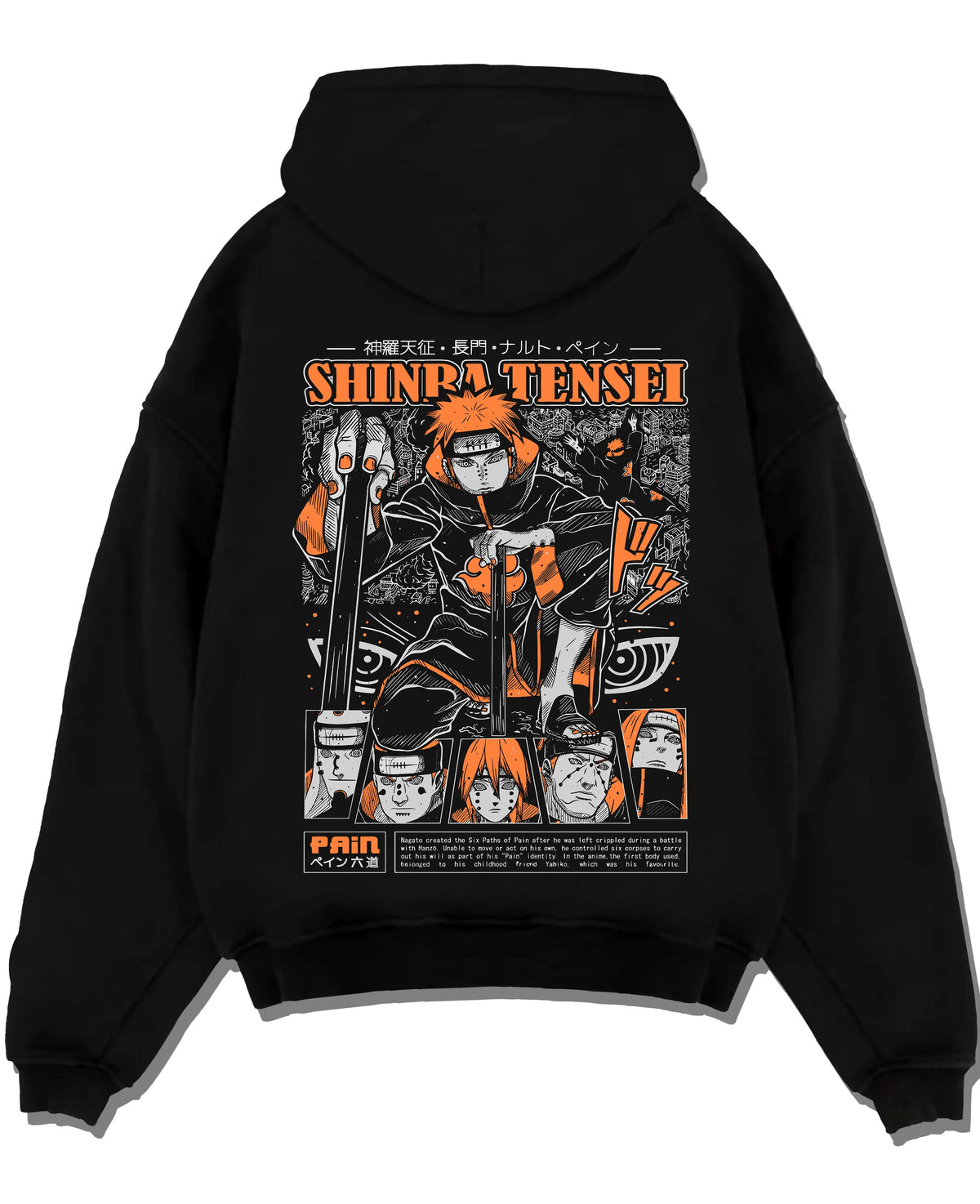 Black hoodie laid flat featuring Pain Shinra Tensei Almighty Push Naruto artwork.