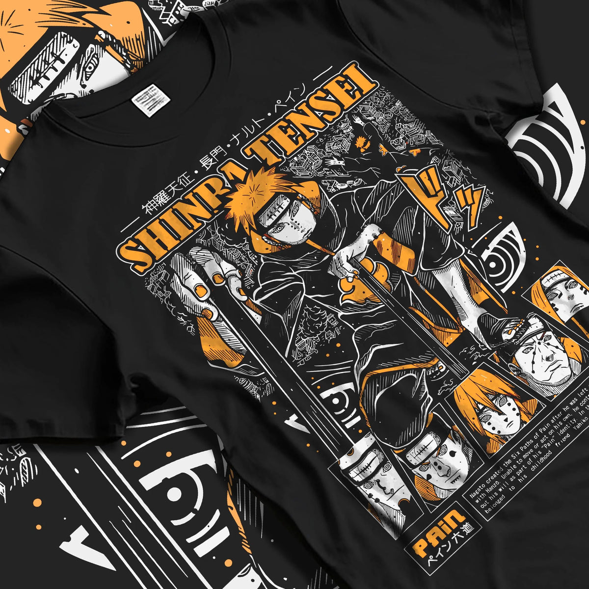 Black T-shirt laid flat with natural folds featuring Pain Shinra Tensei Almighty Push Naruto artwork.
