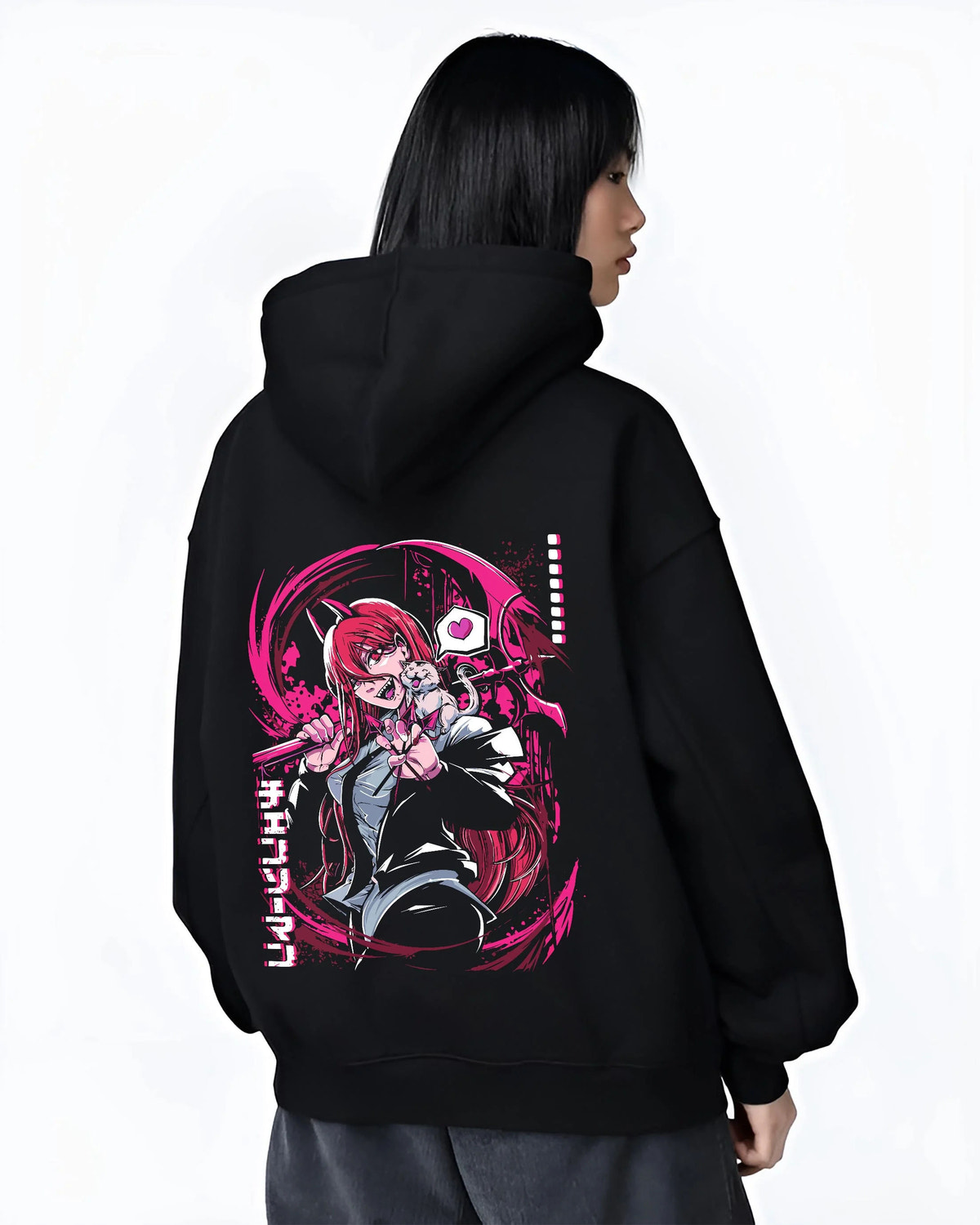 Black hoodie worn by female model from the back featuring Power Blood Fiend Chainsaw Man artwork.
