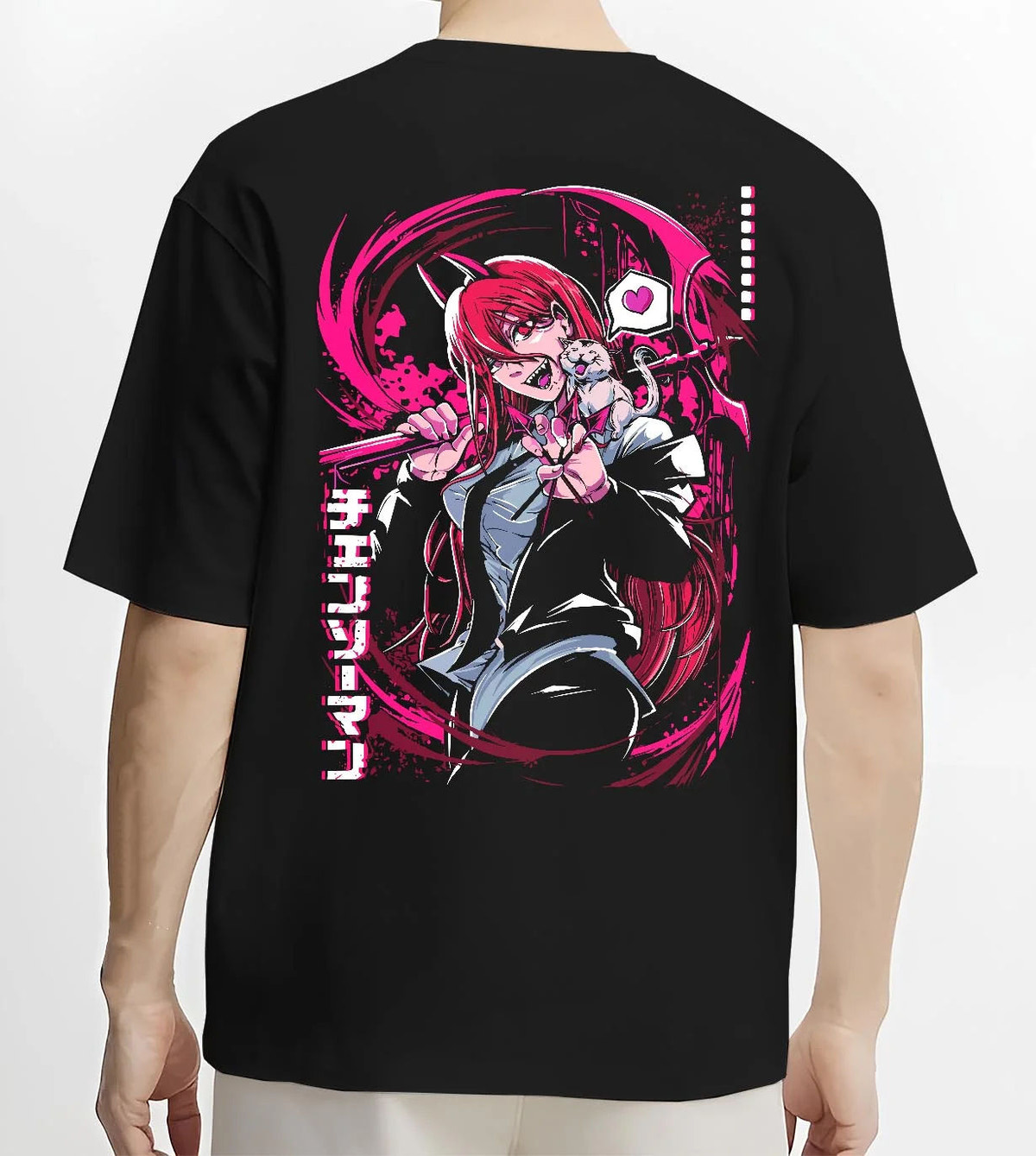Black T-shirt worn by male model from the back featuring Power Blood Fiend Chainsaw Man artwork.