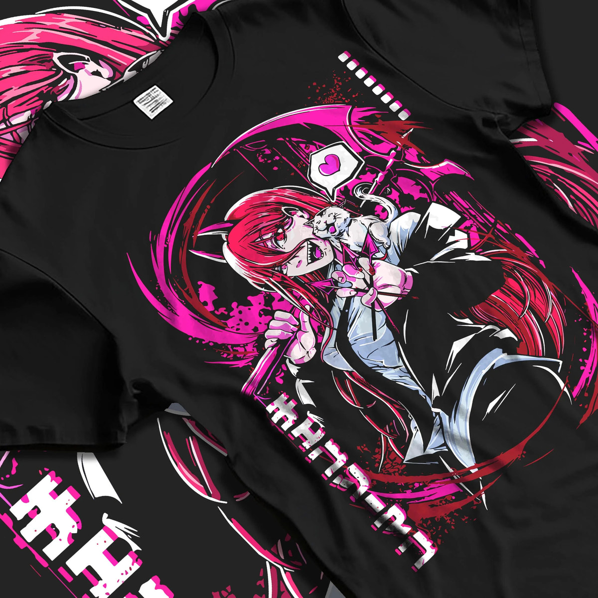 Black T-shirt laid flat with natural folds featuring Power Blood Fiend Chainsaw Man artwork.