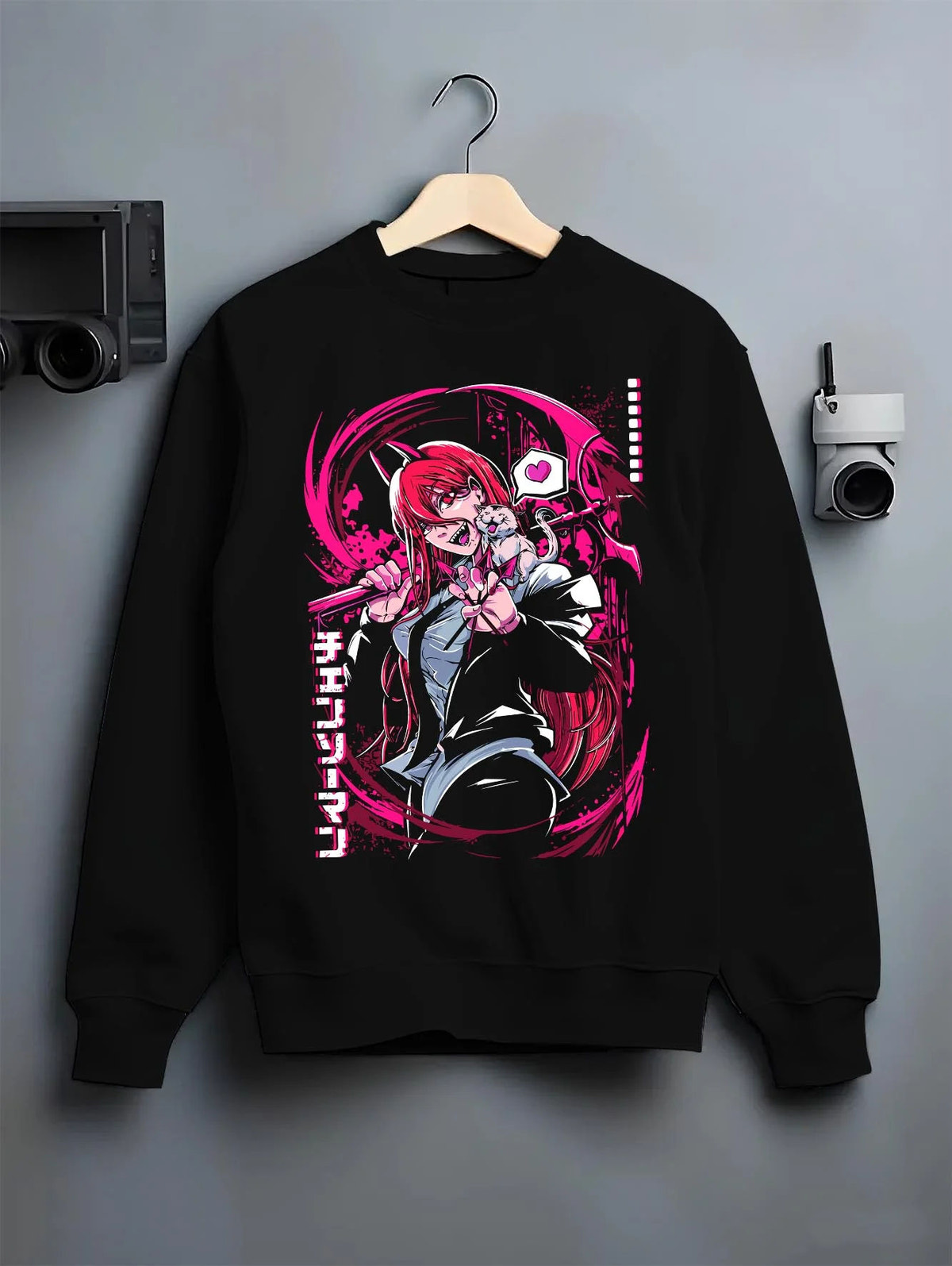 Black crewneck sweatshirt on hanger featuring Power Blood Fiend Chainsaw Man artwork.