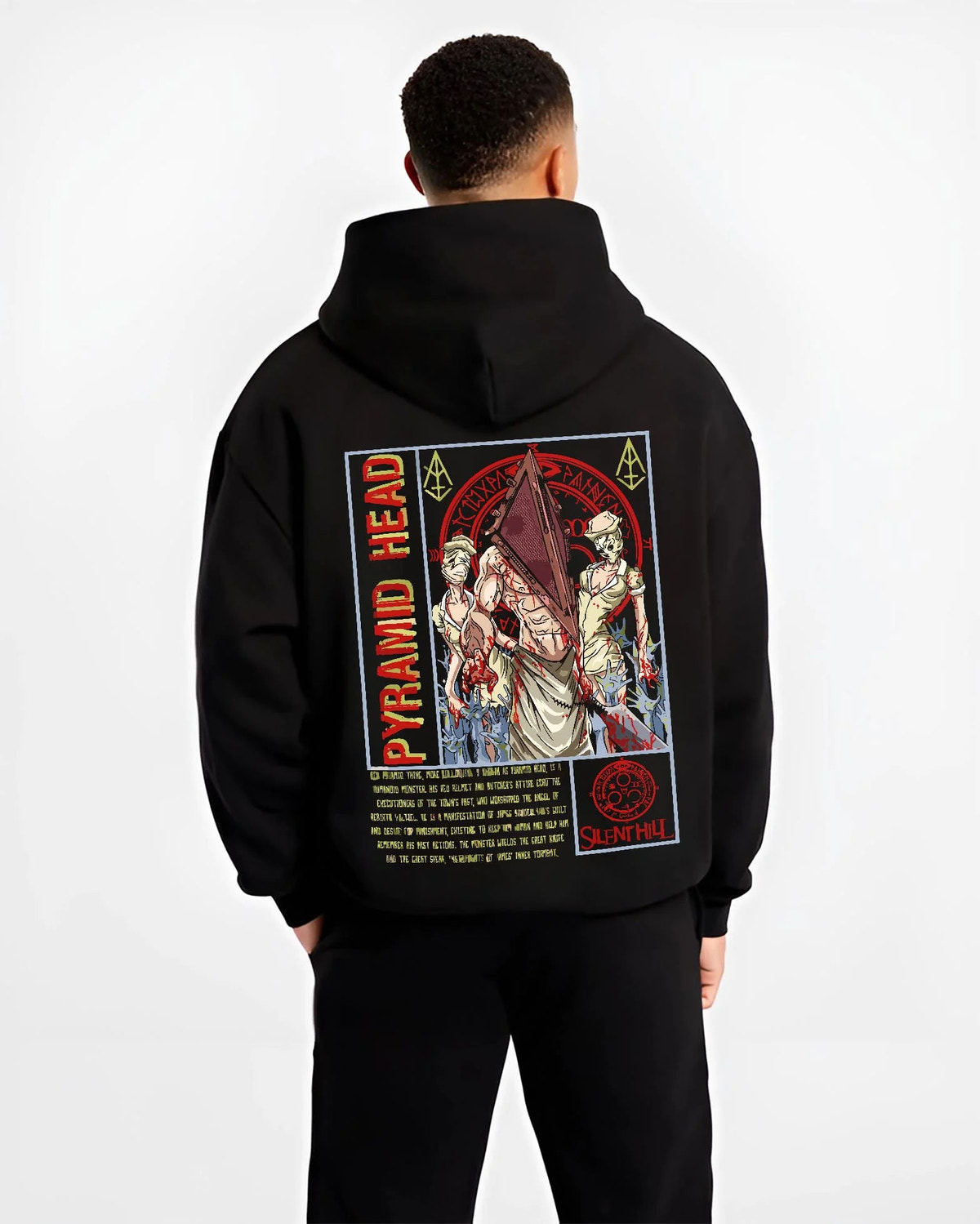 Black hoodie worn by male model from the back featuring Pyramid Head Red Pyramid horror Silent Hill artwork.