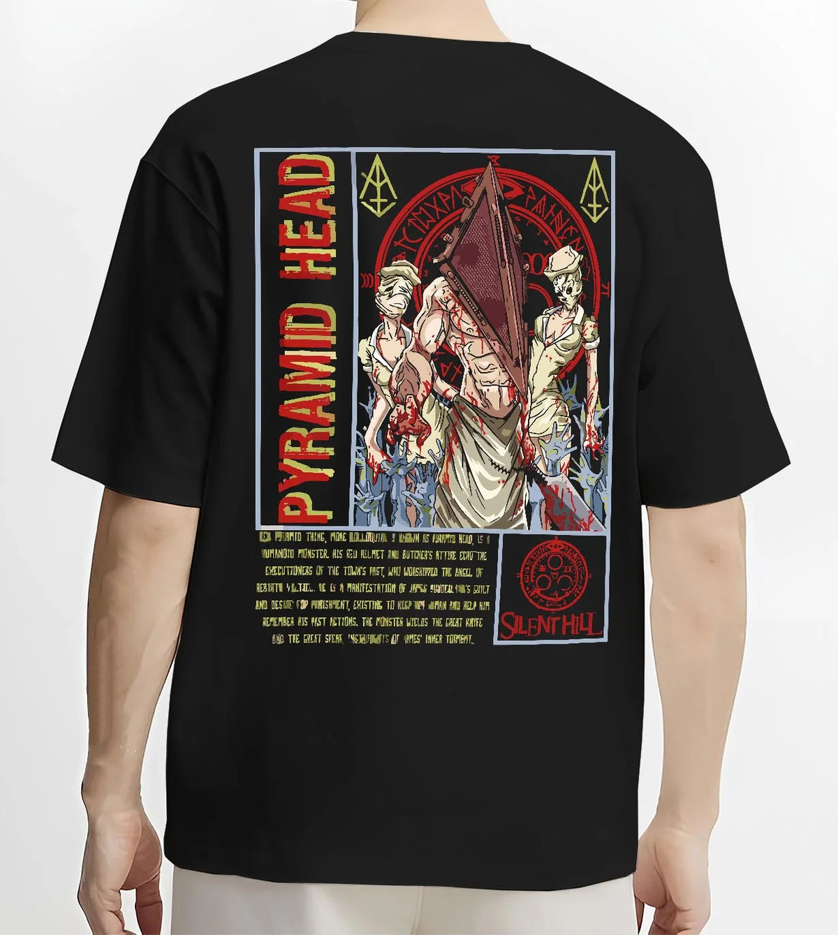 Black T-shirt worn by male model from the back featuring Pyramid Head Red Pyramid horror Silent Hill artwork.