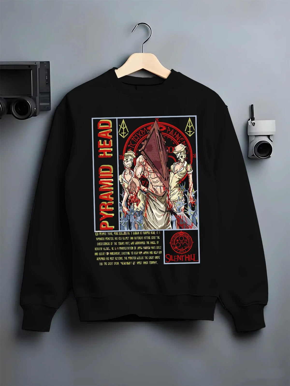 Black crewneck sweatshirt on hanger featuring Pyramid Head Red Pyramid horror Silent Hill artwork.