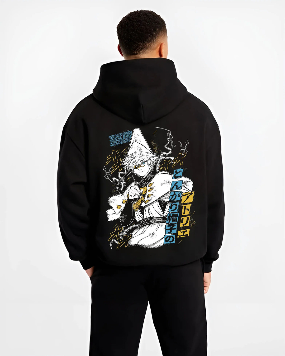 Black hoodie model back view showing Qifrey from Witch Hat Atelier: Witch Hat Atelier
