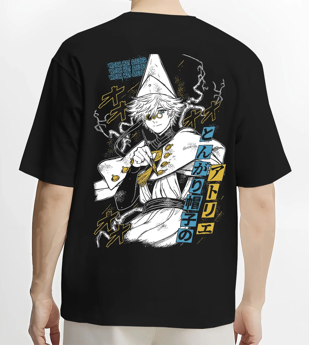 Black T-shirt model back view showing Qifrey from Witch Hat Atelier: Witch Hat Atelier