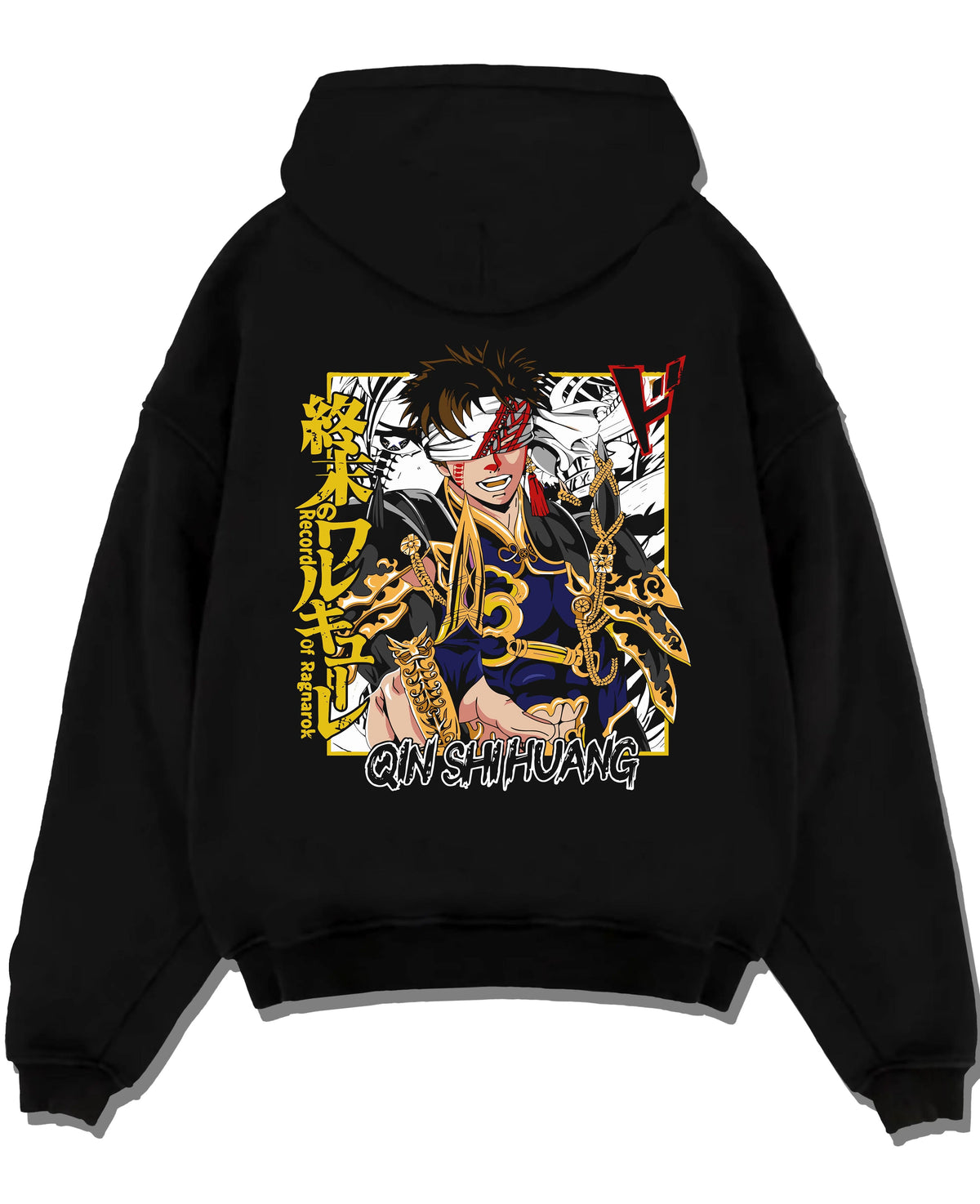 Black hoodie laid flat featuring Qin Shi Huang emperor battle Record of Ragnarok artwork.