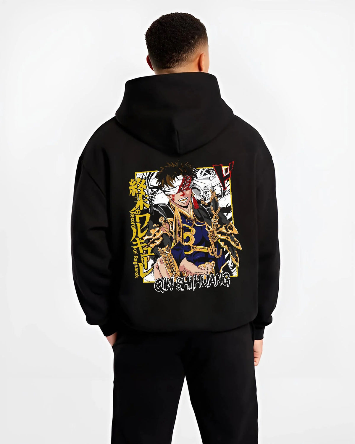 Black hoodie worn by male model from the back featuring Qin Shi Huang emperor battle Record of Ragnarok artwork.