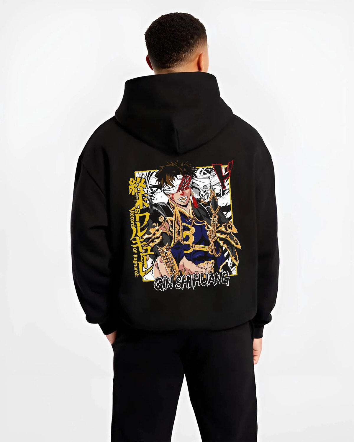 Black hoodie worn by male model from the back featuring Qin Shi Huang emperor battle Record of Ragnarok artwork.