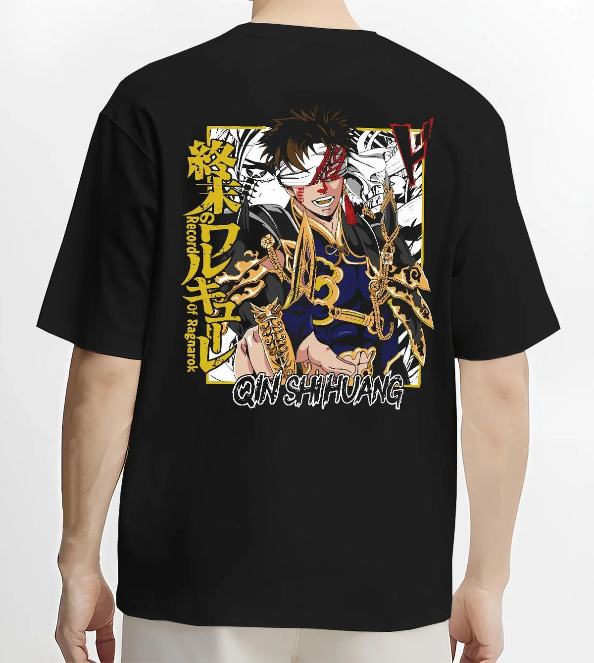 Black T-shirt worn by male model from the back featuring Qin Shi Huang emperor battle Record of Ragnarok artwork.
