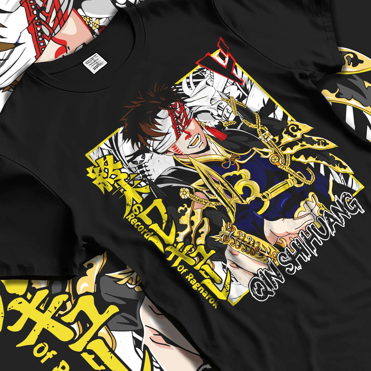 Black T-shirt laid flat with natural folds featuring Qin Shi Huang emperor battle Record of Ragnarok artwork.